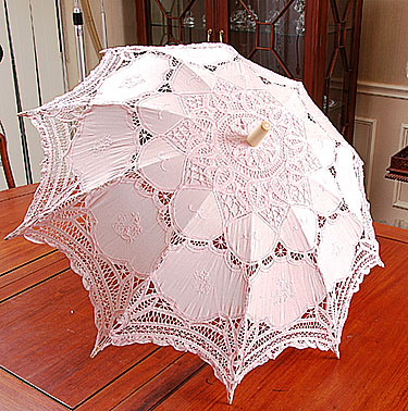 Rose Water Pink battenburg lace parasols. 16" ( 32" Full Open) - Click Image to Close